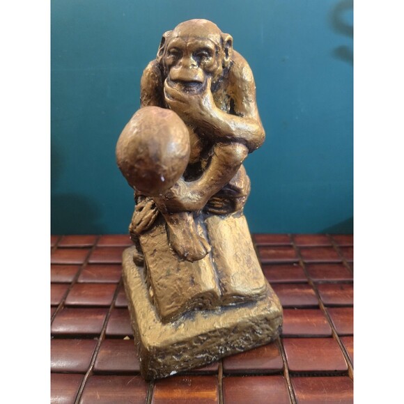Ape With Skull Darwin Philosophizing Monkey Chalkware Sculpture Vintage 9"x5"x5" - Picture 1 of 7